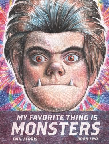 A colored pencil drawing of a monster's face against a vibrant, swirling background.