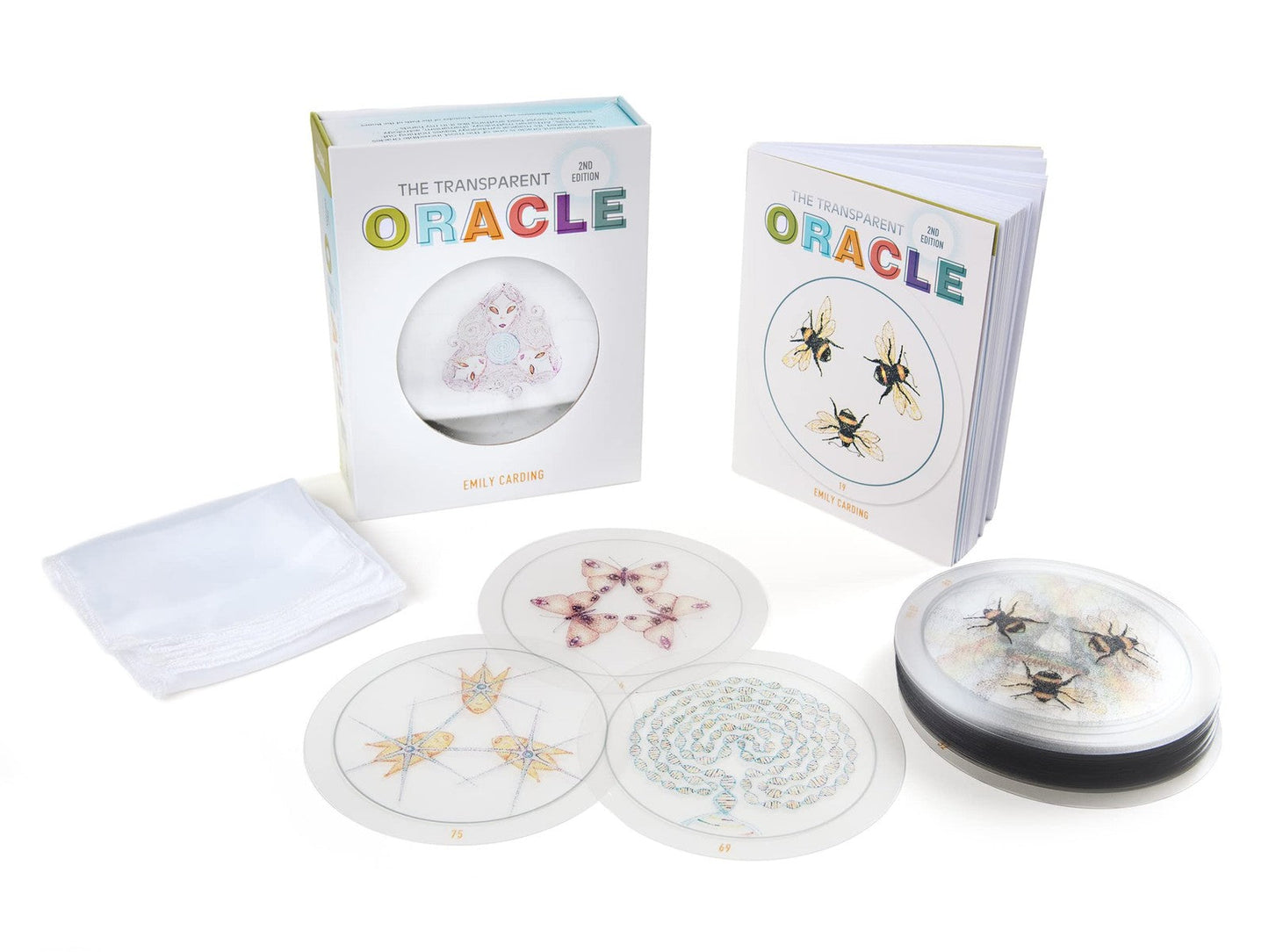 Box and translucent cards with insect and floral illustrations.