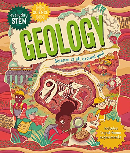 Book cover illustrating geology with a dinosaur skeleton and children exploring.