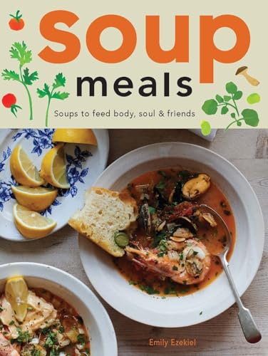 Cookbook cover featuring bowls of soup, bread, and lemon wedges.