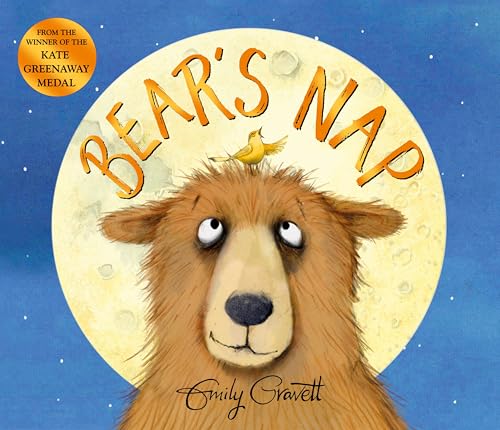 A brown bear with a small yellow bird on its head against a moon.