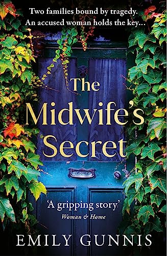 Book cover for The Midwife's Secret featuring a dark blue door framed by ivy.