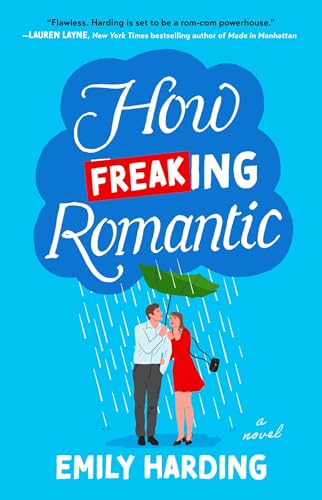 Book cover: couple under umbrella in rain, bright blue background.