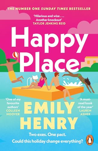 Book cover: "Happy Place" by Emily Henry, with people by a pool.