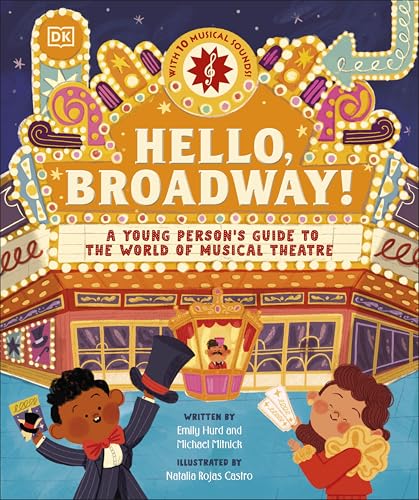 Book cover with a Broadway theater illustration and two children.