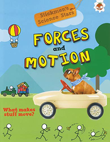 Book cover with dog driving a car, stick figures, and text about forces.