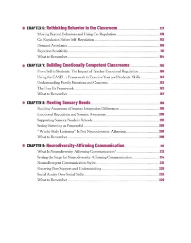Book page listing chapter titles on neurodiversity and classroom behavior.