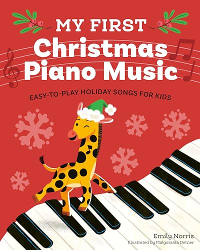 Book cover with a giraffe wearing a Santa hat playing piano.
