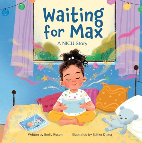 A girl sits on a bed reading, with a photo of a baby nearby.