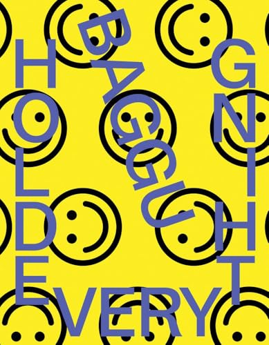 Yellow background with repeating black smiley faces and blue text reading BAGGU Hold Everything.