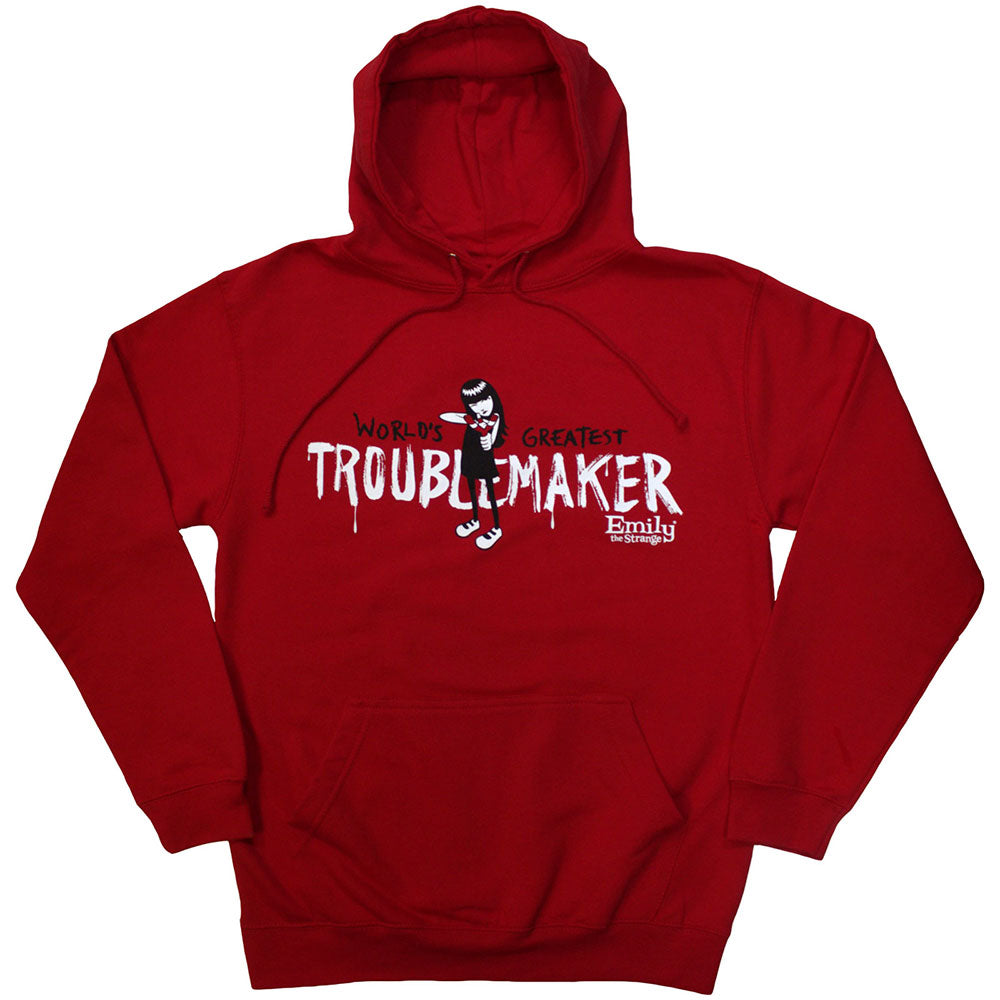 Black hoodie featuring Emily The Strange's "Troublemaker" graphic, unisex style.