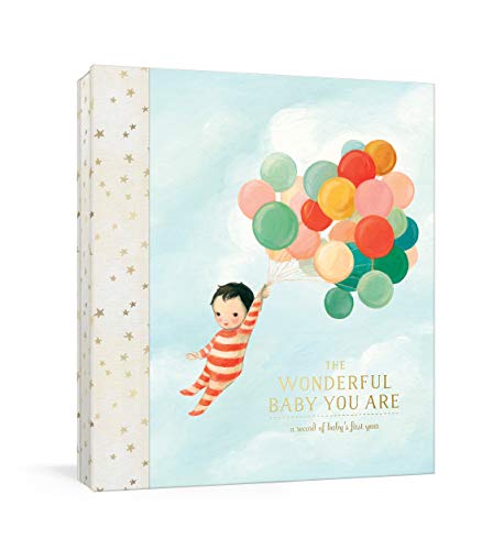 Baby record book cover with illustration of a child and balloons.