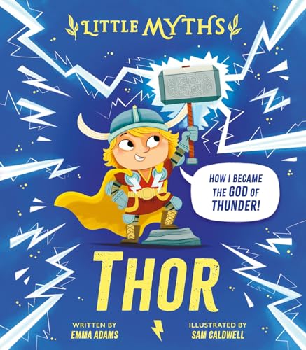 A cartoon Thor holding a hammer against a blue background with lightning bolts.