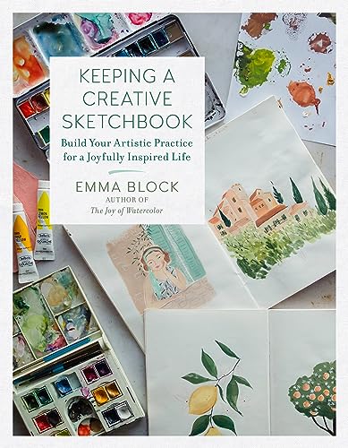 Book cover titled Keeping a Creative Sketchbook surrounded by watercolor paints and painted illustrations.