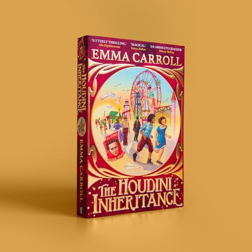 Book cover for The Houdini Inheritance featuring a carnival scene and children running.