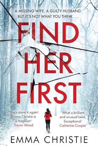 Book cover: "Find Her First" with cracked glass and a woman walking away.
