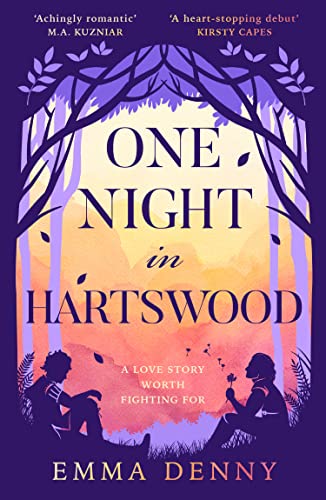 Book cover illustration showing two silhouettes sitting in a forest against a sunset background.