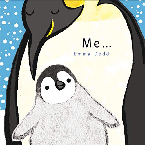 Illustration of a parent penguin and chick, book cover for "Me...