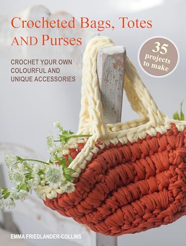 Crochet book cover featuring a red and cream woven tote bag with flowers.