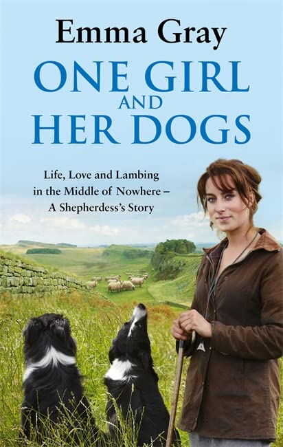 Book cover featuring a woman, two dogs, and a sheep-filled landscape.