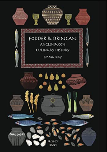 Book cover depicting Anglo-Saxon food and pottery illustrations on a black background.