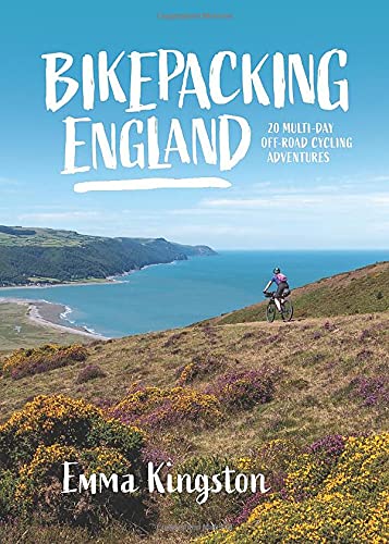 Book cover: “Bikepacking England” with cyclist on a coastal hillside.
