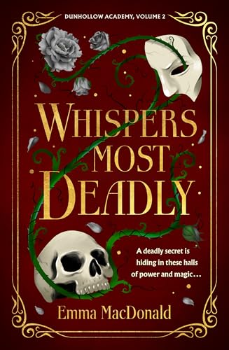 Book cover: skull, roses, and mask on a dark red background.