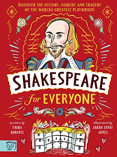 Book cover featuring an illustration of William Shakespeare above the Globe Theatre on red.