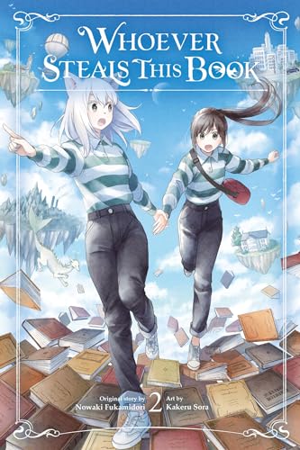 Manga cover with two young women running amidst floating islands and books.