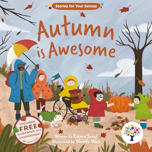 Children's book cover featuring diverse characters in rain gear outdoors with a large pumpkin.