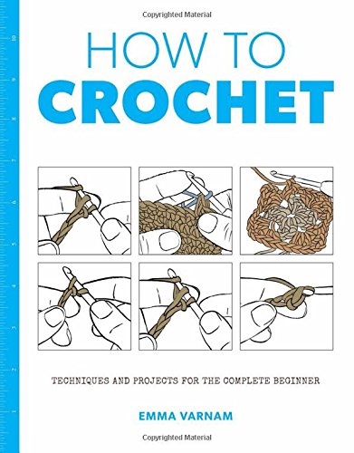Crochet instruction book cover with hands demonstrating basic stitches.