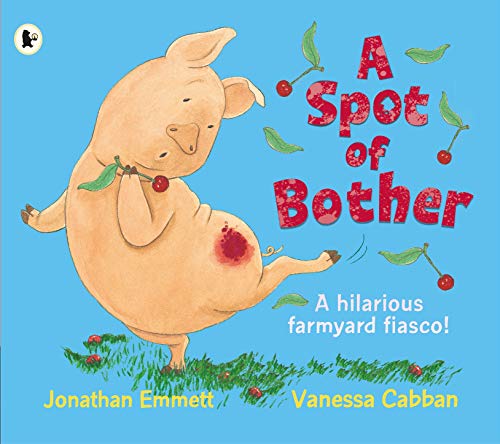 Children’s book cover featuring a pink pig with cherries and a red spot.