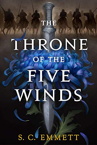 Book cover: blue flower, sword, and silhouetted riders on horseback.