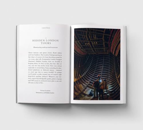 An open book showing text about Hidden London Tours and a photo of underground tunnels.