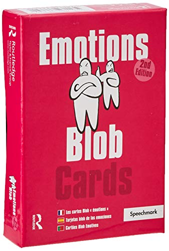 Red card deck titled "Emotions Blob Cards" with simple, white blob figures.