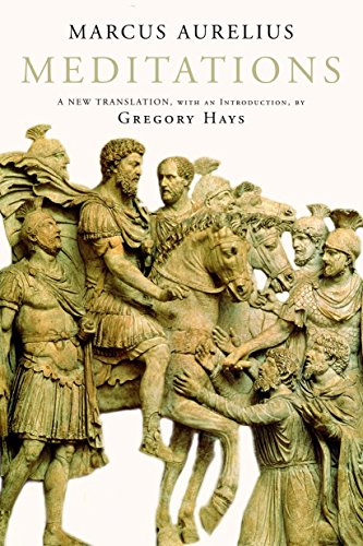 Book cover for Meditations by Marcus Aurelius featuring a classical Roman relief sculpture.