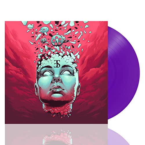 Purple vinyl record next to album art of a shattering head on red background.