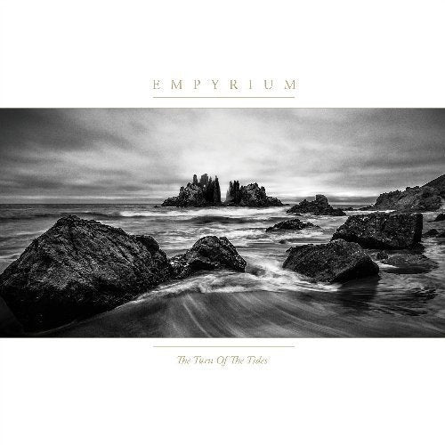 Black and white album cover with rocky coastline and stormy sea.