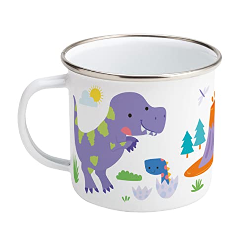 White enamel mug featuring a cartoon purple dinosaur, a baby dinosaur, and a volcano.