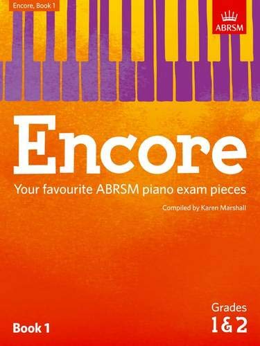 Cover of Encore Book 1 piano music book with orange background and piano keys.