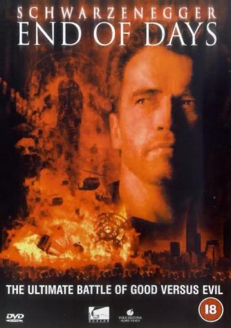 "DVD cover for 'End of Days' featuring Arnold Schwarzenegger amidst a burning cityscape."