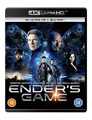 Ender's Game" Blu-ray cover featuring Harrison Ford and young actors in space settings.
