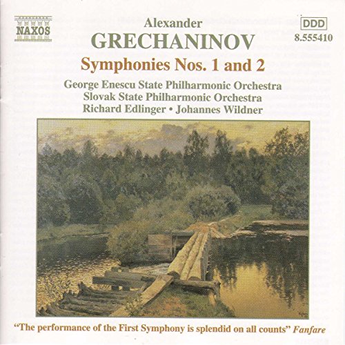 CD cover featuring Grechaninov Symphonies 1 and 2 with a landscape painting of a bridge.
