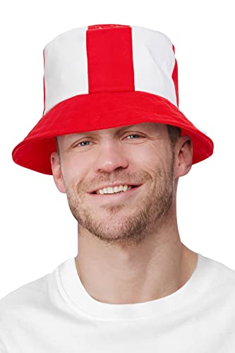 Red and white striped bucket hat worn by a smiling man.