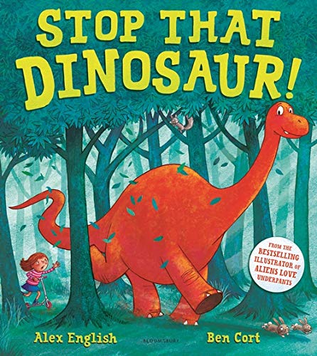 Orange dinosaur chases a girl on a scooter through a green forest.