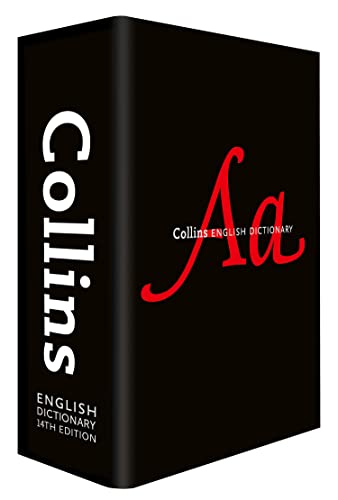 Black hardcover Collins English Dictionary 14th Edition with red "Aa" on the cover.