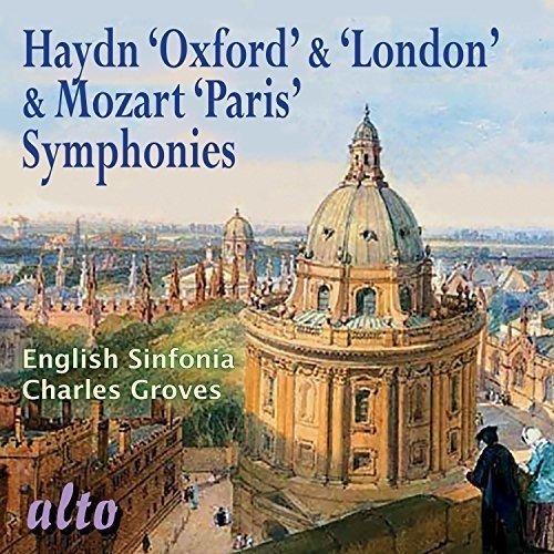 CD cover featuring a classical building and text naming Haydn & Mozart symphonies.