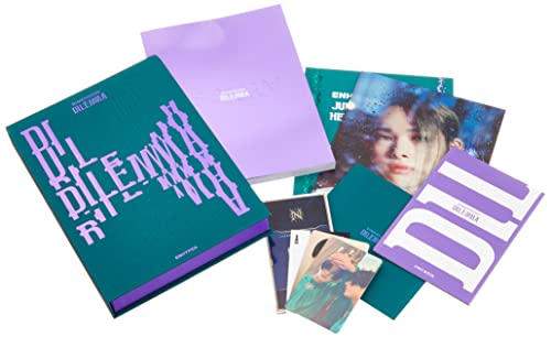 Enhypen “Dimension: Dilemma” CD package with booklets and photo cards.