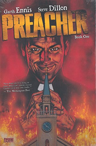 Cover art for Preacher Book One showing a smiling man behind a burning church.