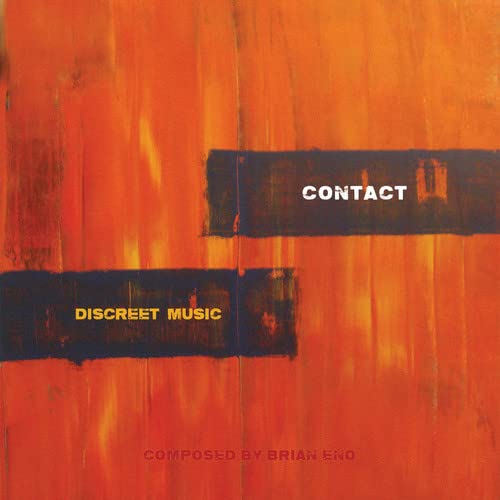 CD cover for Brian Eno’s “Discreet Music” with orange and black abstract art.
